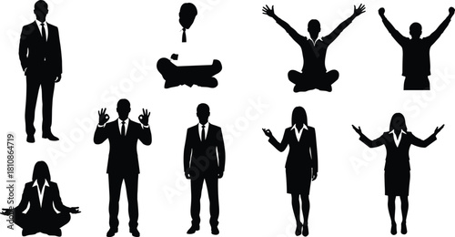 Man and Woman in Suit, Standing, Meditating, Celebrating Success, and Making OK Hand Gestures for Corporate Design