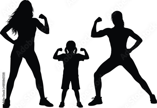 Family strength silhouette, flexing pose, black vector illustration, parent child unity, fitness concept, empowerment, healthy lifestyle, group workout, power stance
