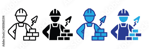 Construction worker icon set with trowel and brick layers, representing building, trade, and manual labor in different styles and colors for design purposes.