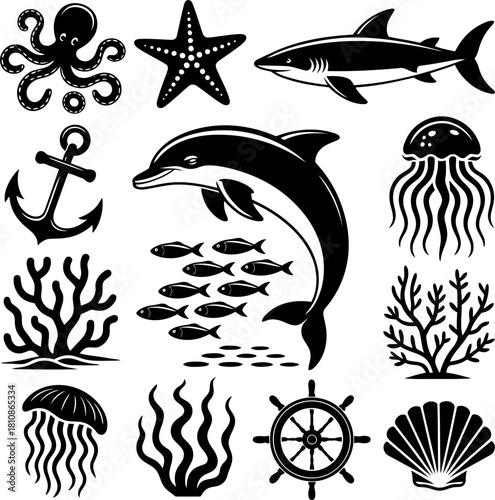 Black silhouette collection of marine life and nautical objects octopus starfish 1