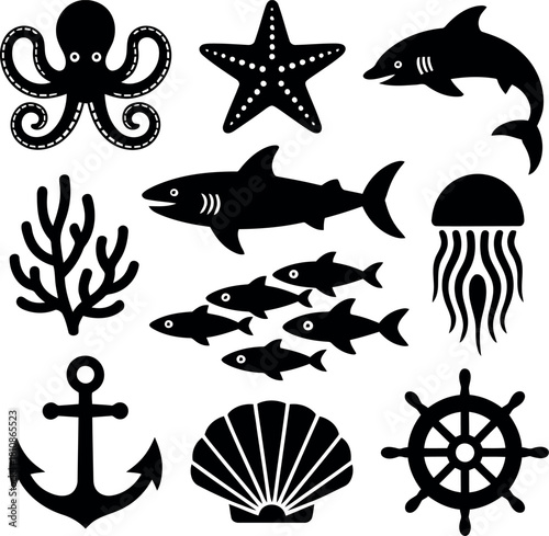 Black silhouette collection of marine life and nautical objects octopus starfish