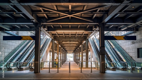 A long, symmetrical corridor with escalators on both sides, featuring modern industrial architecture and directional signs.