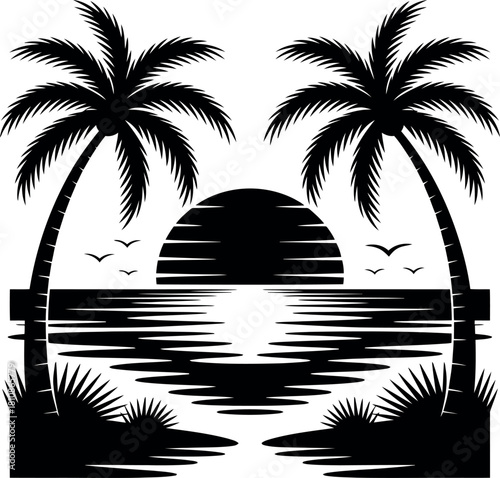 Black silhouette of palm trees and sun over water with birds black and white sunset