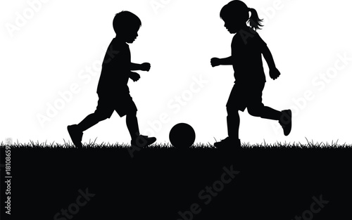 Kids soccer silhouettes on grass vector of boy and girl kicking football