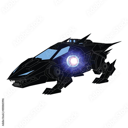 Futuristic black armored vehicle roars to life with brilliant electric energy, perfect for science fiction projects or action-packed fantasy games