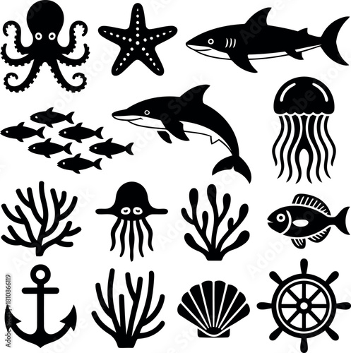 Collection of black silhouette marine life and nautical objects octopus starfish