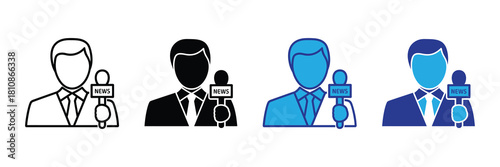 Set of four icons depicting a reporter holding a microphone with the word news, in outline, solid black, blue, and navy blue styles, isolated on white.