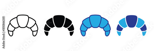Collection of croissant icons: outline, solid black, blue gradient, and two-tone blue for modern culinary or bakery designs