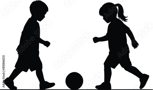 Kids playing soccer silhouette vector of boy and girl with football