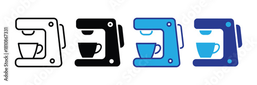Collection of four stylized coffee maker icons in different styles and colors, representing the brewing process and morning beverage preparation.