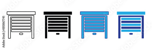 Collection of four stylized icons representing a garage door in line art, solid black, solid blue, and blue outline styles, isolated on white