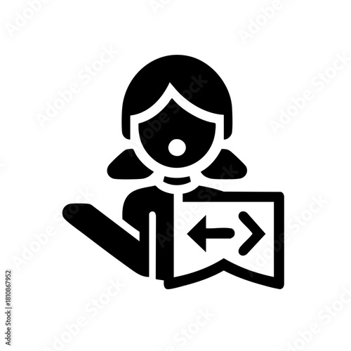 Minimalist icon of person explaining instructions with arrow symbol in bold simple silhouette on soft neutral background 