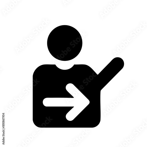 Minimalist icon of person explaining instructions with arrow symbol in bold simple silhouette on soft neutral background with copy space