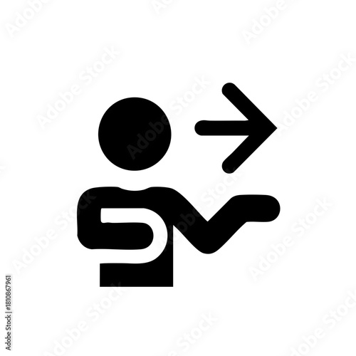 Minimalist icon of person explaining instructions with arrow symbol in bold simple silhouette with copy space