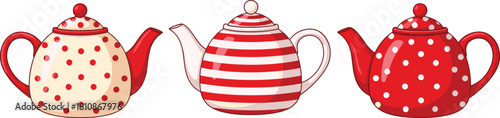 Cute Polka Dot and Striped Teapot Illustration Set in Retro Red and Cream Colors