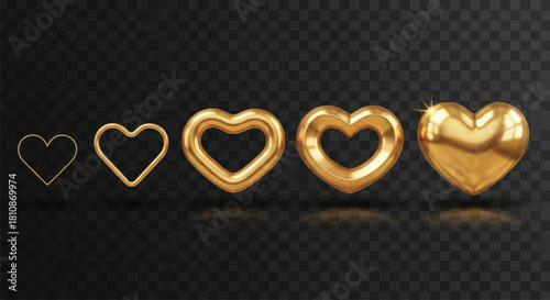 A set of five golden heart shapes, each representing a stage in the evolution of love, from a simple outline to a solid, gleaming form, set against transparency.