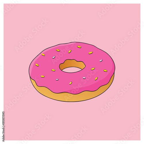 A delightful pink donut with colorful sprinkles on a soft pink background, perfect for satisfying your sweet cravings with a touch of whimsy