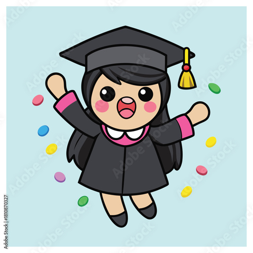 A cartoon graduate girl celebrating her graduation, a joyful and triumphant moment, perfect for adding a touch of accomplishment and success