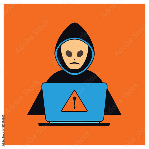 An alien hacker is using a laptop with a warning sign on the screen, possibly indicating a security breach or malicious activity online