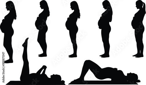 Pregnant woman silhouette, prenatal exercise poses, maternity yoga, pregnancy stages, black vector illustration, healthy lifestyle, motherhood concept, fitness routine
