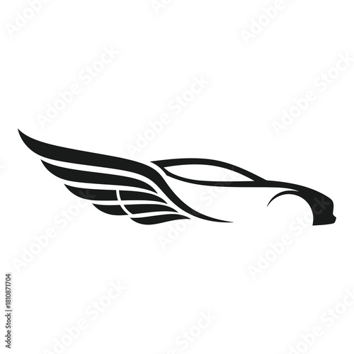 A sleek black silhouette of a car with stylized wings, isolated on white background the design evokes speed, luxury, and automotive artistry