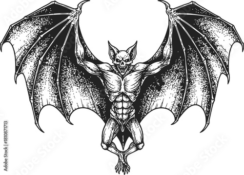 Dark bat silhouette with outstretched wings isolated on a solid black background