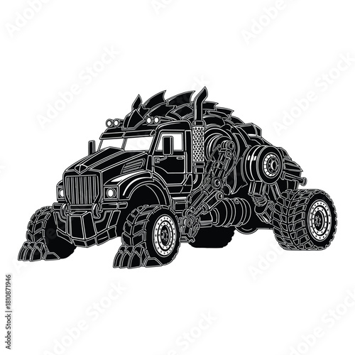 A black and white illustration of a heavily modified monster truck with a complex, mechanical design, isolated on white background the vehicle appears powerful