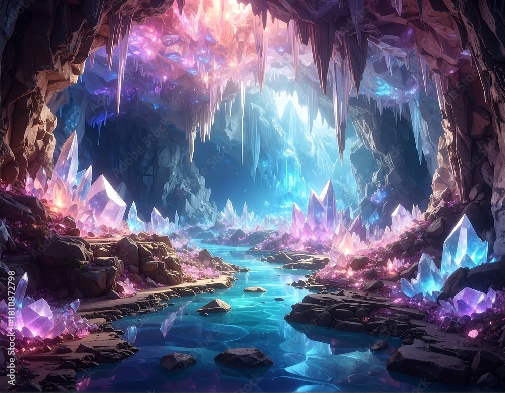 Fototapeta premium Fantastical cavern scene with luminous crystals and flowing water