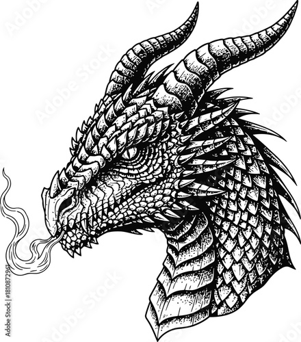 Majestic dragon head silhouette with horns and scales on a dark background.