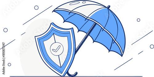 Minimal blue line illustration of umbrella protecting a security shield with check mark in rain. Ideal for cyber security, data protection, insurance, web banners and UI.