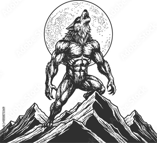 Mythological creature howling at a full moon atop a rugged mountain peak