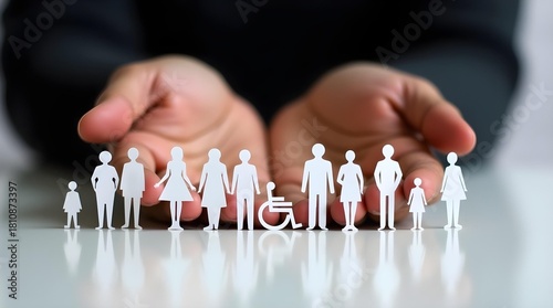 Concept of diversity and inclusion: paper figures of people symbolizing support and protection in society.