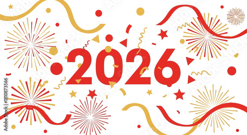 Celebrate 2026 with vibrant fireworks and confetti, perfect for New Year's Eve parties and festive event promotions, creating joy and excitement!
