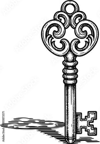 Ornate skeleton key silhouette on dark background symbolizing mystery and unlocking access.