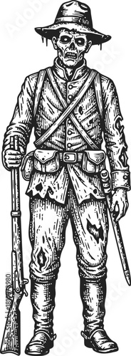 Revolutionary War soldier holding a musket in a traditional historical engraving illustration