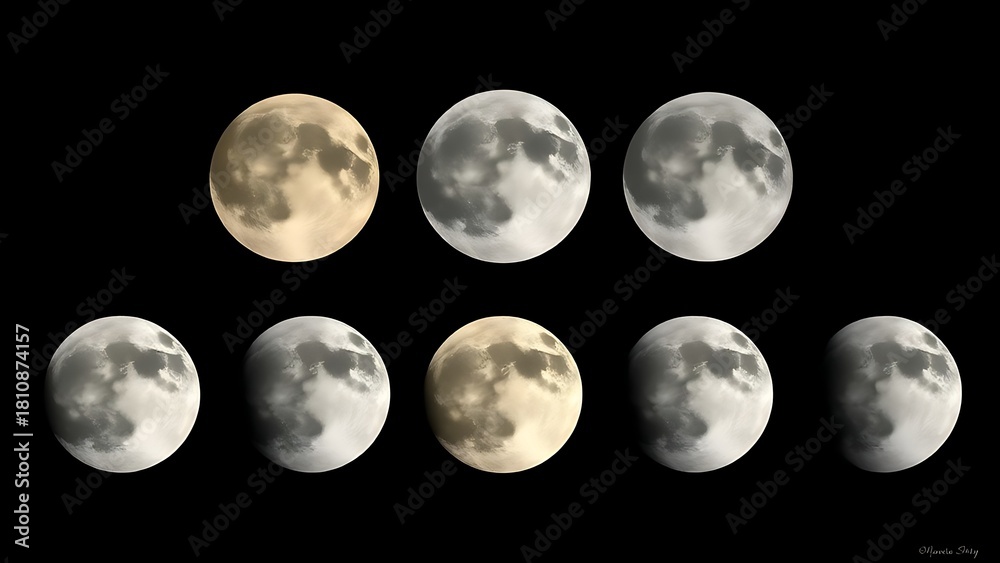 Obraz premium waning. Five moon phases each depicting a unique scientific phenomenon artistically. STEM education sheets, lab safety posters, designed for biotech research communications.