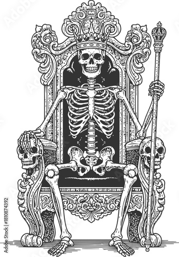 Skeleton monarch on an ornate throne holding a royal scepter in a dark setting