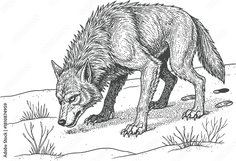 Fototapeta premium Wild gray wolf with head down sniffing ground, sparse vegetation on dark background.