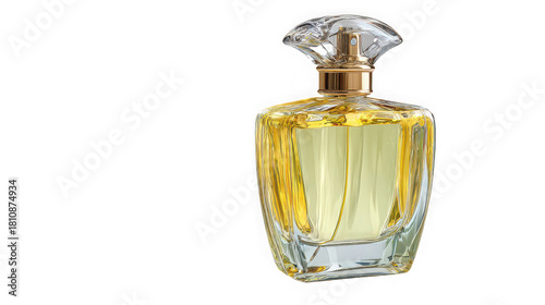 Elegant perfume bottle with golden liquid and ornate cap, isolated on transparent background