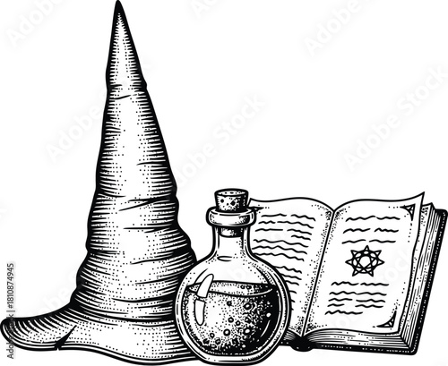 Witch hat potion bottle and spellbook outline drawing for magic themed concepts