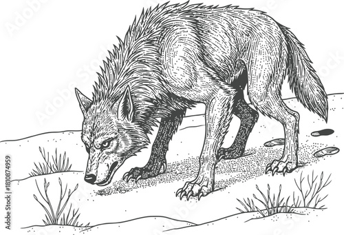 Wild gray wolf with head down sniffing ground, sparse vegetation on dark background.