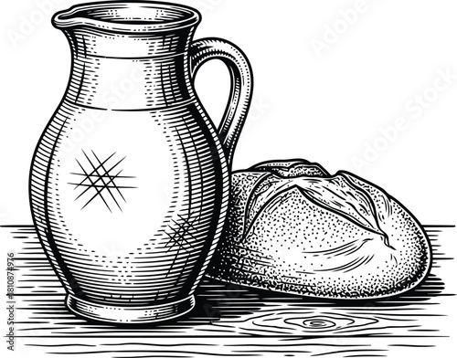 Woodcut style outline of a ceramic pitcher and fresh citrus fruits on a dark surface