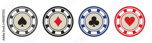 Poker chips color icons vector set. Playing poker concept. Isolated Casino poker chip logo. Poker symbols vector.