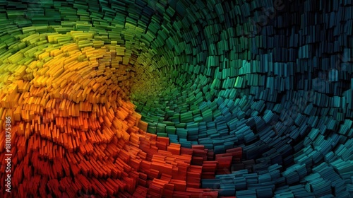 Paint store display with color swatches concept. Vibrant abstract pattern of colored blocks in swirling motion.