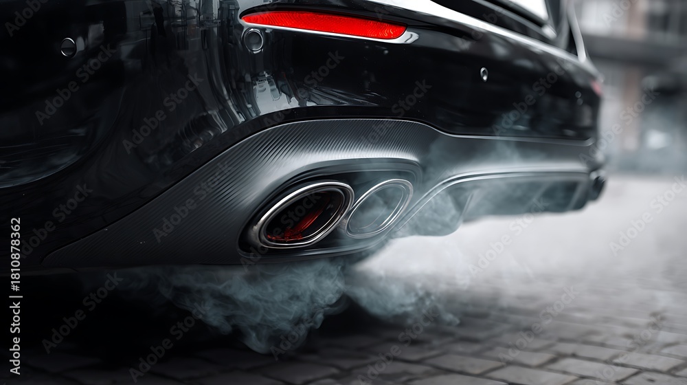 Fototapeta premium Car Exhaust Releasing Smoke From Chrome Tailpipes of Black Vehicle