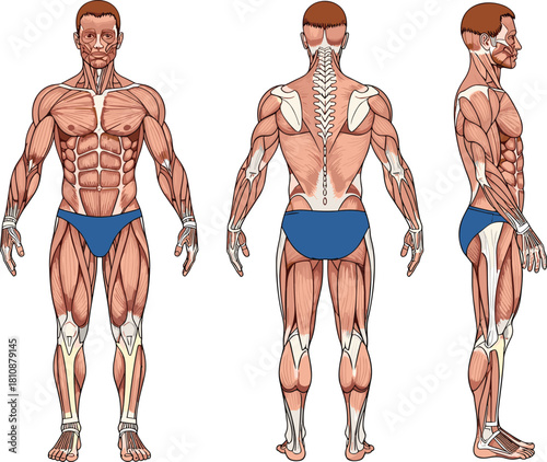 Vector illustration of male muscular system anatomy showing front, back, and side views, wearing blue underwear, isolated on white background for medical education charts.