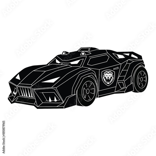 Sleek black sports car isolated on white background, a modern vehicle with sharp lines and a lion emblem, ready for highspeed adventures