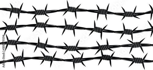Vector illustration of barbed wire fences lines, seamless black silhouettes on white background, symbol of prison, war, boundary, defense, jail, army,  