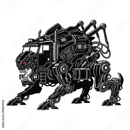 Mechanical monster truck isolated on white background, a formidable vehicle with robotic legs and a menacing expression, ready to crush any obstacle