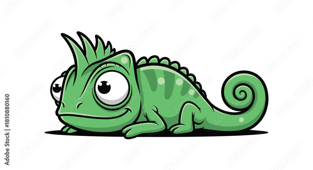 Obraz premium Cute cartoon chameleon with large eyes and a coiled tail, lying down on a white background.
